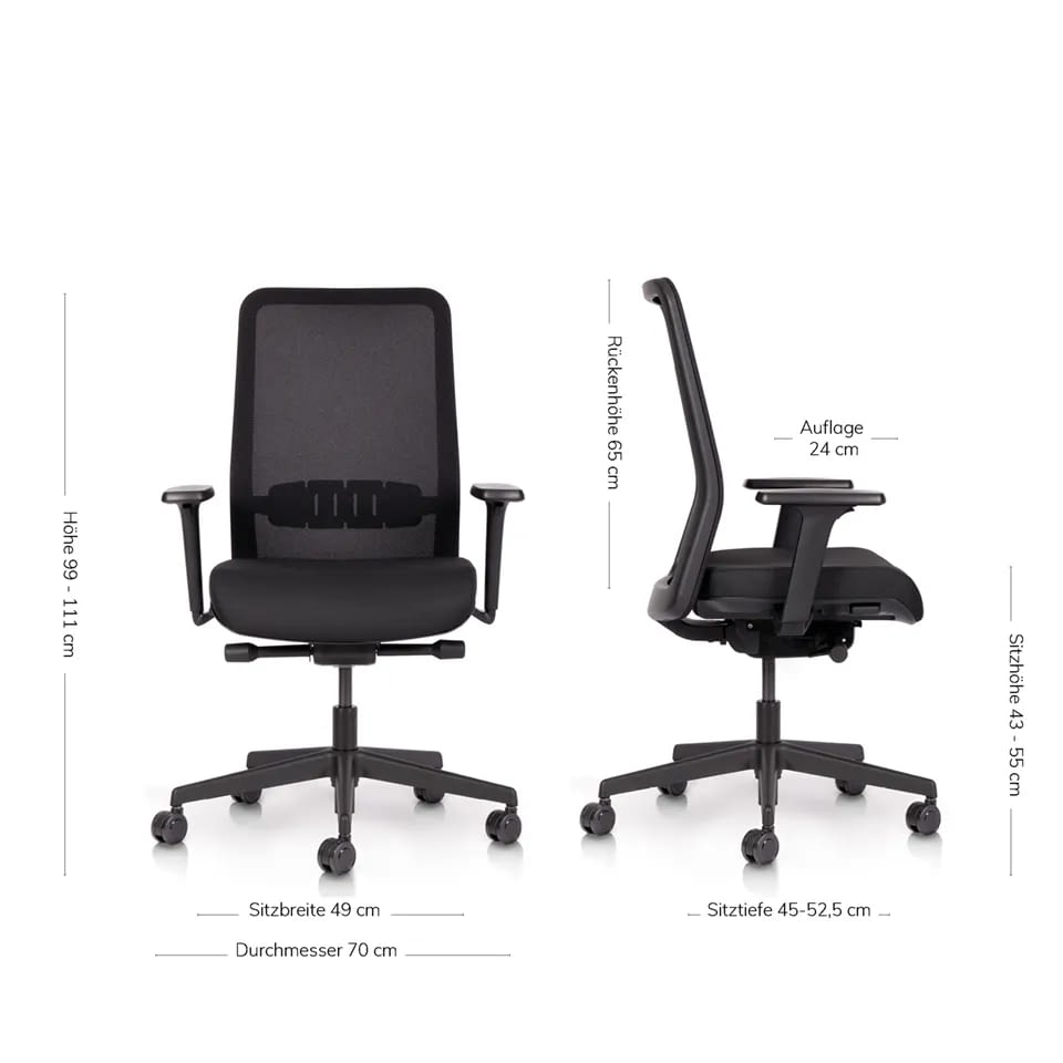Die Abbildung zeigt die Abmessungen des ergonomischen Bürostuhls proto in schwarz mit Netzrücken und stellt die Größenverhältnisse des Modells übersichtlich dar.