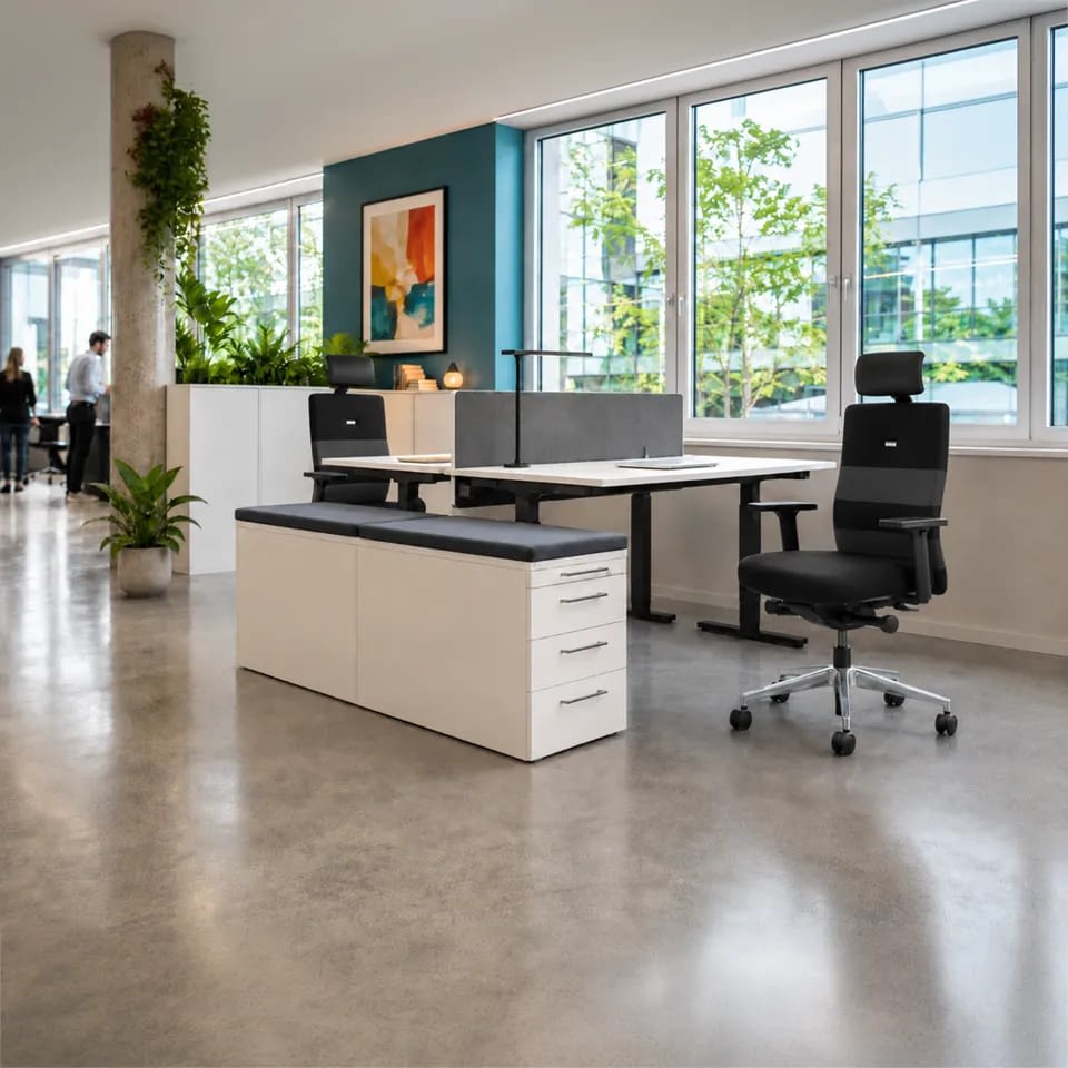 Im offenen Büro sind zwei Arbeitsplätze mit höhenverstellbaren Schreibtischen eingerichtet und mit den Bürostühlen agilis comfort in Schwarz-Grau ausgestattet.