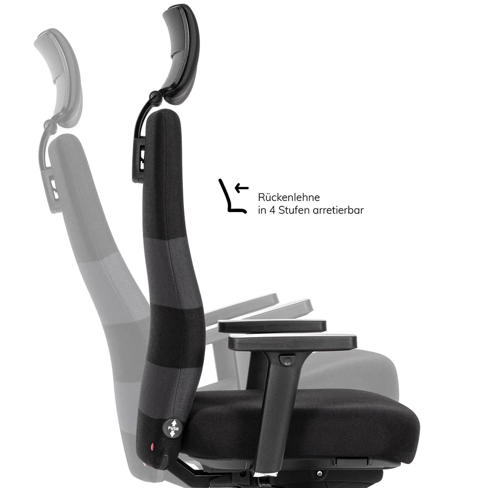 Seitenansicht des ergonomischen Bürostuhls agilis comfort mit Kopfstütze, die Rückenlehne ist nach hinten geneigt und zeigt die flexible Rückenanpassung.