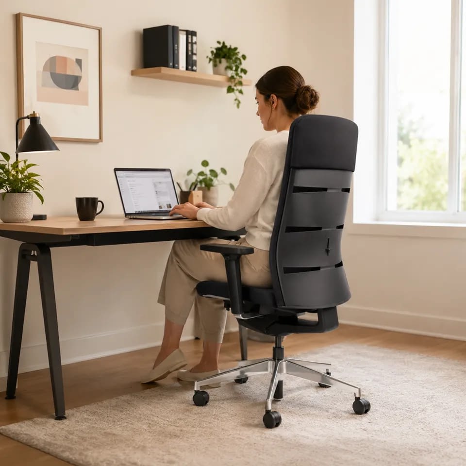 Im Homeoffice sitzt eine Person am Schreibtisch im ergonomischen Bürostuhl agilis matrix comfort in schwarz.