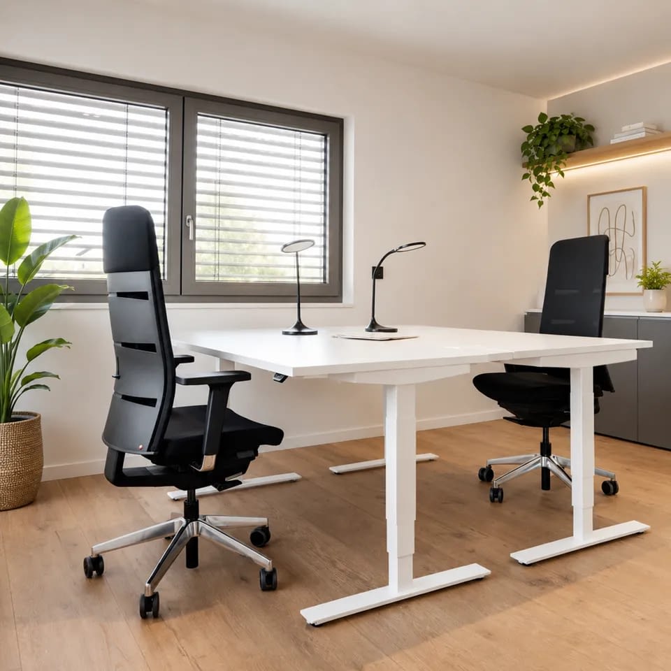Zentral im Raum steht ein Bürodoppelarbeitsplatz mit ergonomischen Bürostühlen agilis matrix comfort in schwarz und höhenverstellbaren Steh-Sitzschreibtischen in weiß.