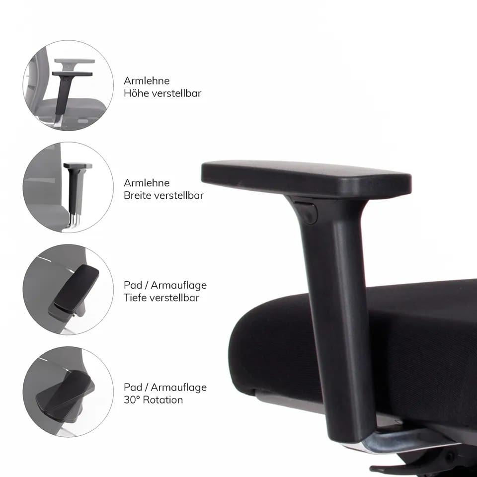Die vier Detaildarstellungen zeigen die Einstellung der Armlehnen des ergonomischen Bürostuhls agilis matrix.