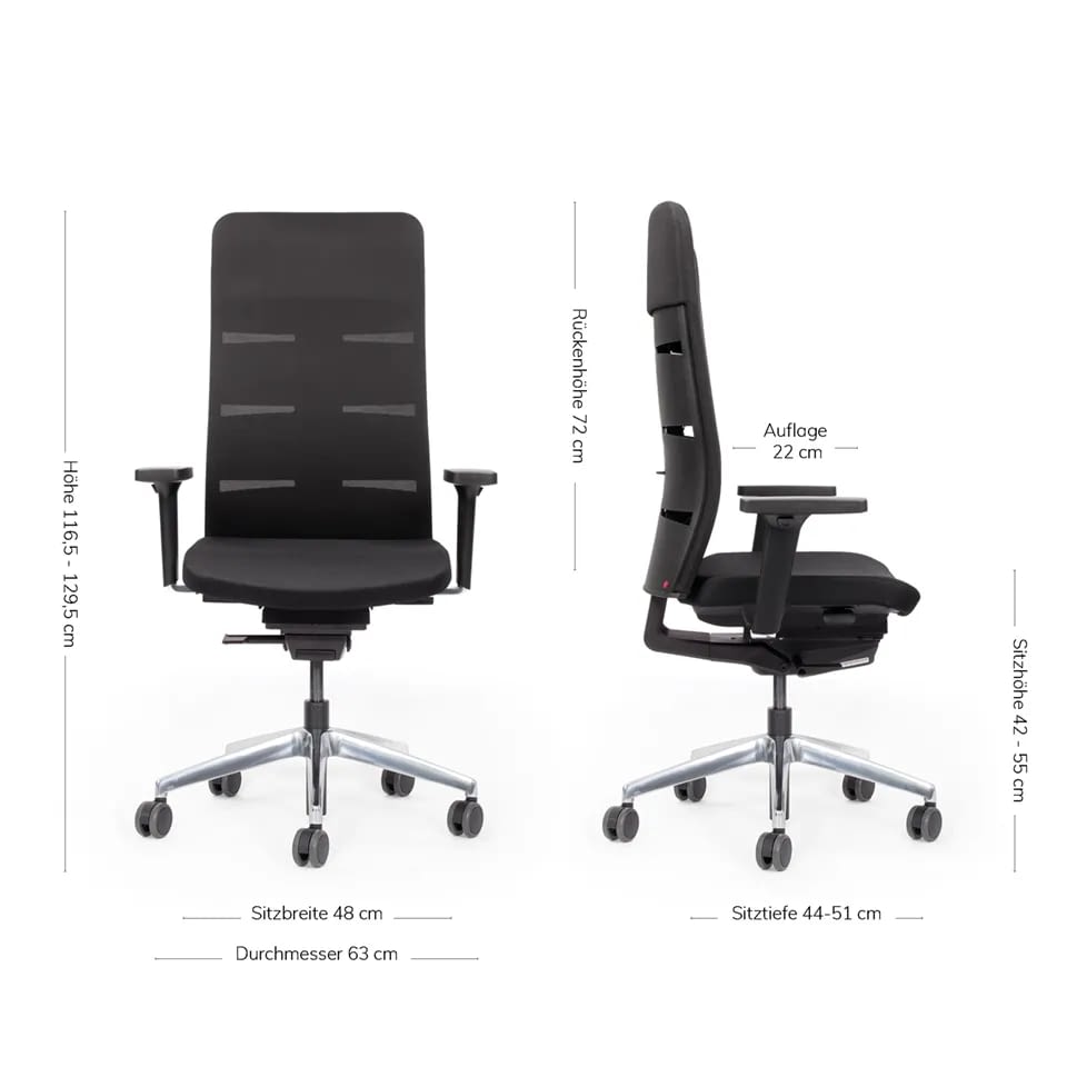 In der Darstellung sind ein ergonomischer Bürostuhl agilis matrix comfort in schwarz frontal und ein weiterer seitlich mit Maßlinien angeordnet.