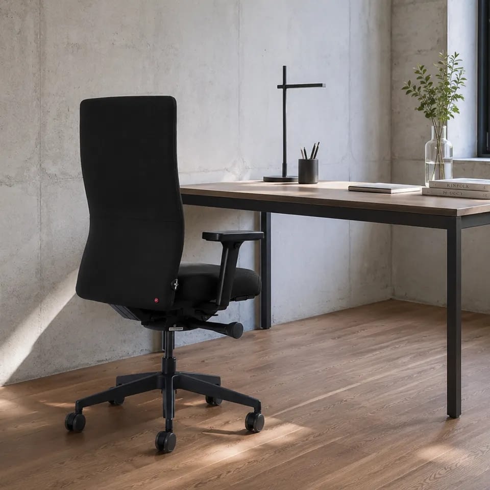 Der Arbeitsplatz wird im Homeoffice-Bereich dargestellt, mit dem ergonomischen Bürostuhl agilis eco in schwarz in Rückansicht, der sich harmonisch in die Umgebung einfügt.