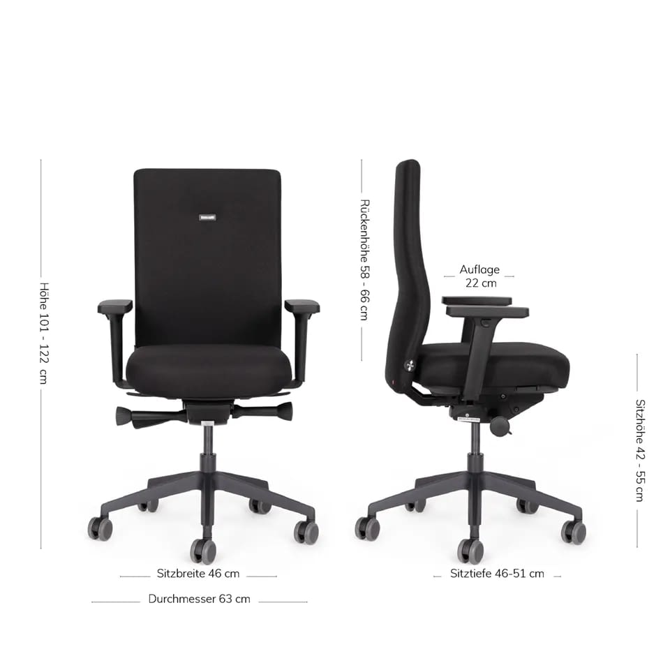 Die Abmessungen des ergonomischen Bürostuhls agilis eco in schwarz werden in Front- und Seitenansicht dargestellt und zeigen die ergonomische Gesamtform des Stuhls.