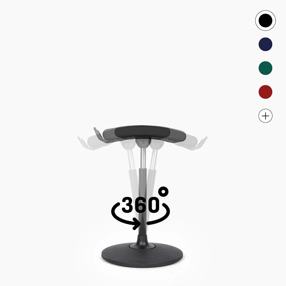 Der ergonomische Stehhocker sella activa in schwarz ist mit Tellerfuß in einer 360° Bewegungsphase als Titelbild für Büro und Homeoffice abgebildet.