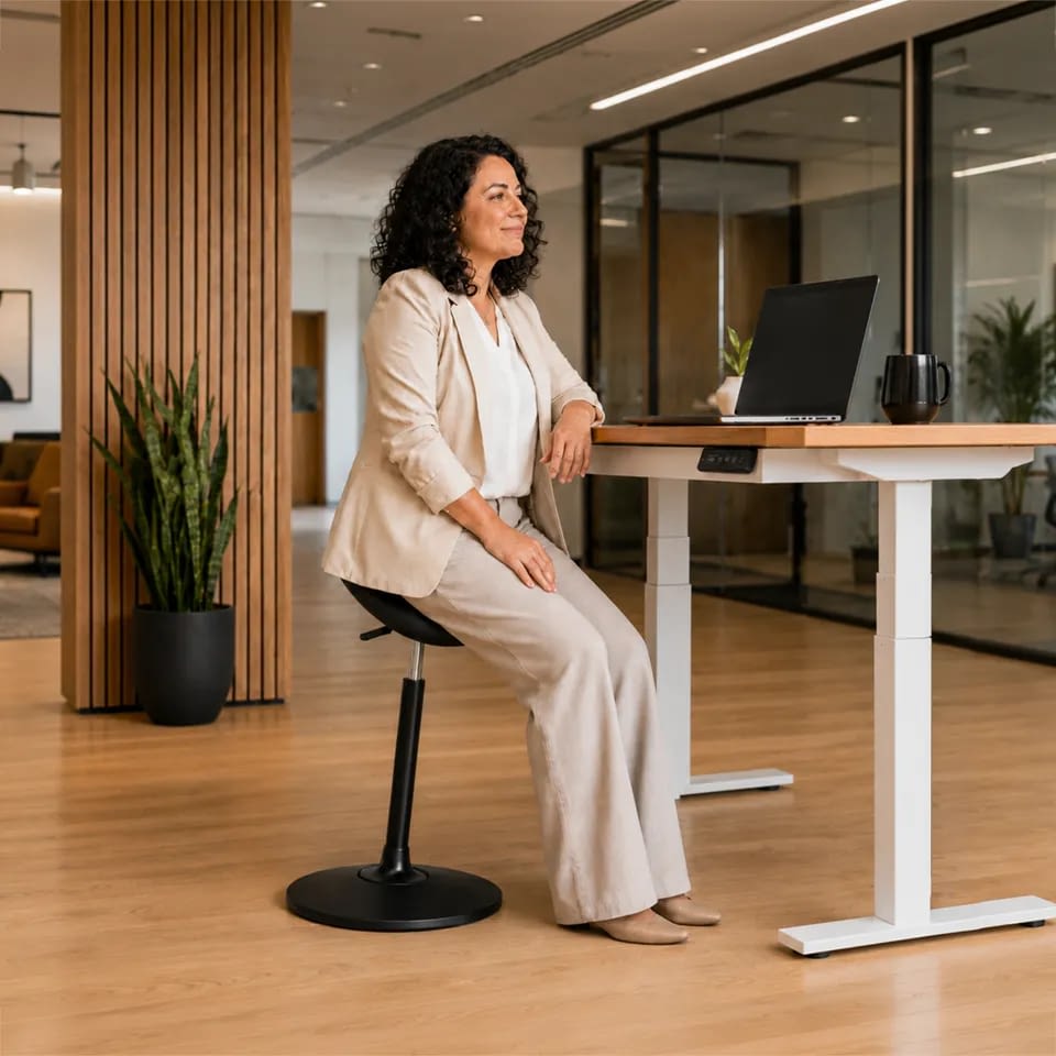 Eine Person im Büro nutzt die ergonomische Sitz-Stehhilfe mit schwarzem Sattelsitz und wechselt flexibel zwischen Sitz- und Stehposition am Arbeitsplatz.