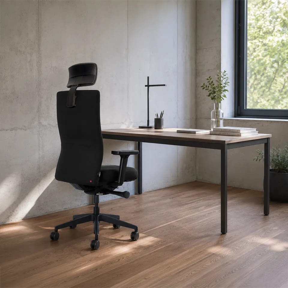 Im Homeoffice steht der ergonomische Bürostuhl agilis eco in schwarz mit Kopfstütze im Arbeitsbereich in Rückansicht.