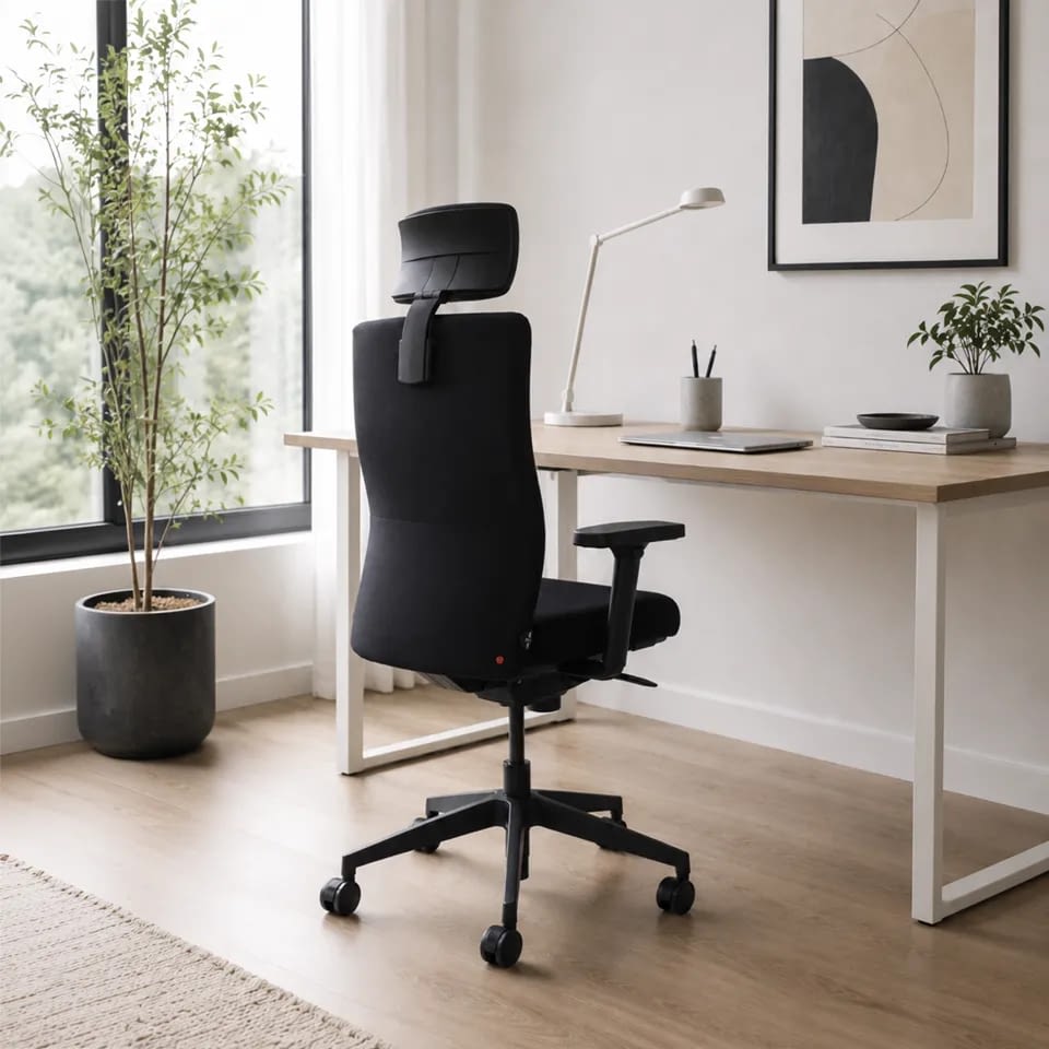 Im Homeoffice-Bereich steht der ergonomische Bürostuhl agilis start-up mit Kopfstütze in Rückansicht und ergänzt die Arbeitsumgebung.