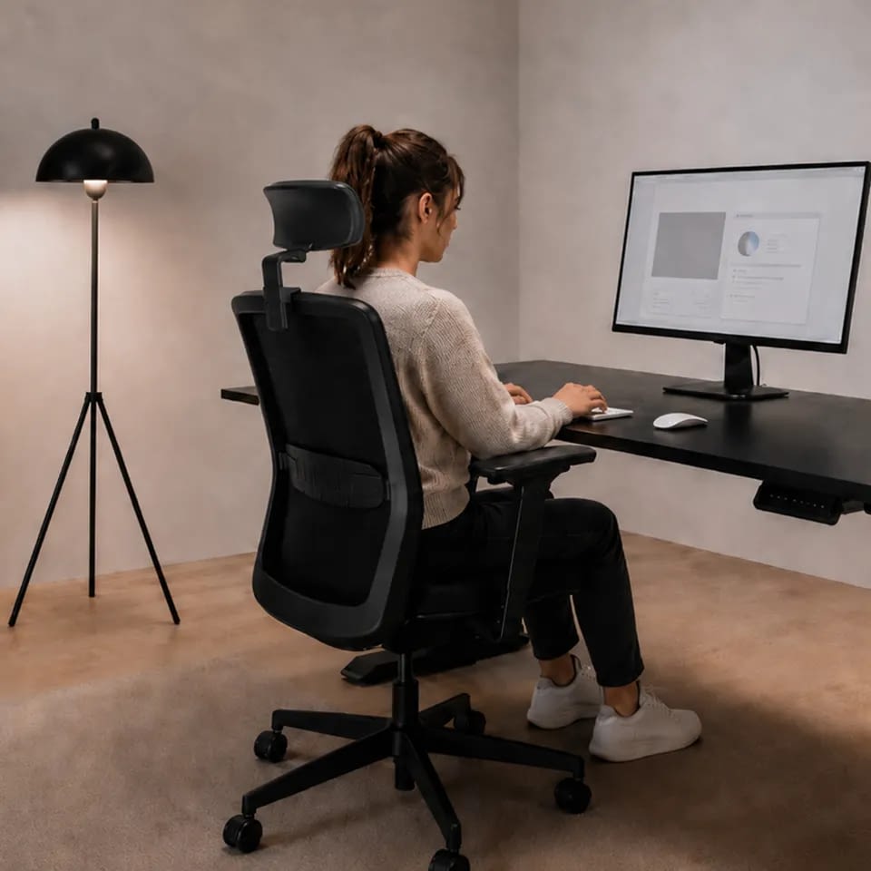 Am Homeoffice-Arbeitsplatz sitzt eine Person auf dem Bürostuhl proto in schwarz mit Kopfstütze, der in Rückansicht mit sichtbarer Lordosenstütze dargestellt ist.