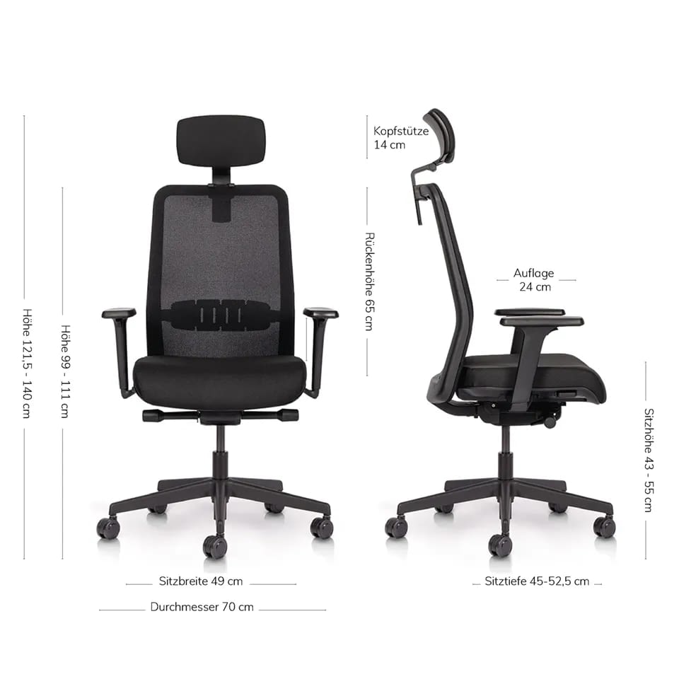 Ein Produktfoto zeigt den ergonomischen Bürostuhl proto in schwarz mit Kopfstütze in Front- und Seitenansicht zur Darstellung der Produktdimensionen.