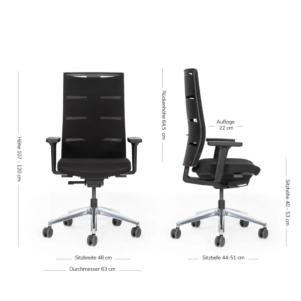 Der ergonomische Bürostuhl agilis matrix start-up in der Sonderedition mit Aluminium-Fußkreuz wird in Front- und Seitenansicht gezeigt, ergänzt durch Maßangaben zu Sitzhöhe, Rückenhöhe von lento