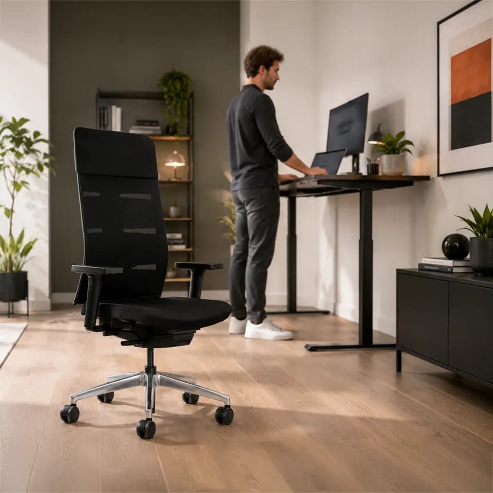 Im Homeoffice arbeitet eine Person im Stehen am Steh-Sitz-Schreibtisch vor dem Laptop, im Vordergrund ist der ergonomische Bürostuhl agilis matrix start-up Sonderedition mit hoher Rückenlehne platziert.