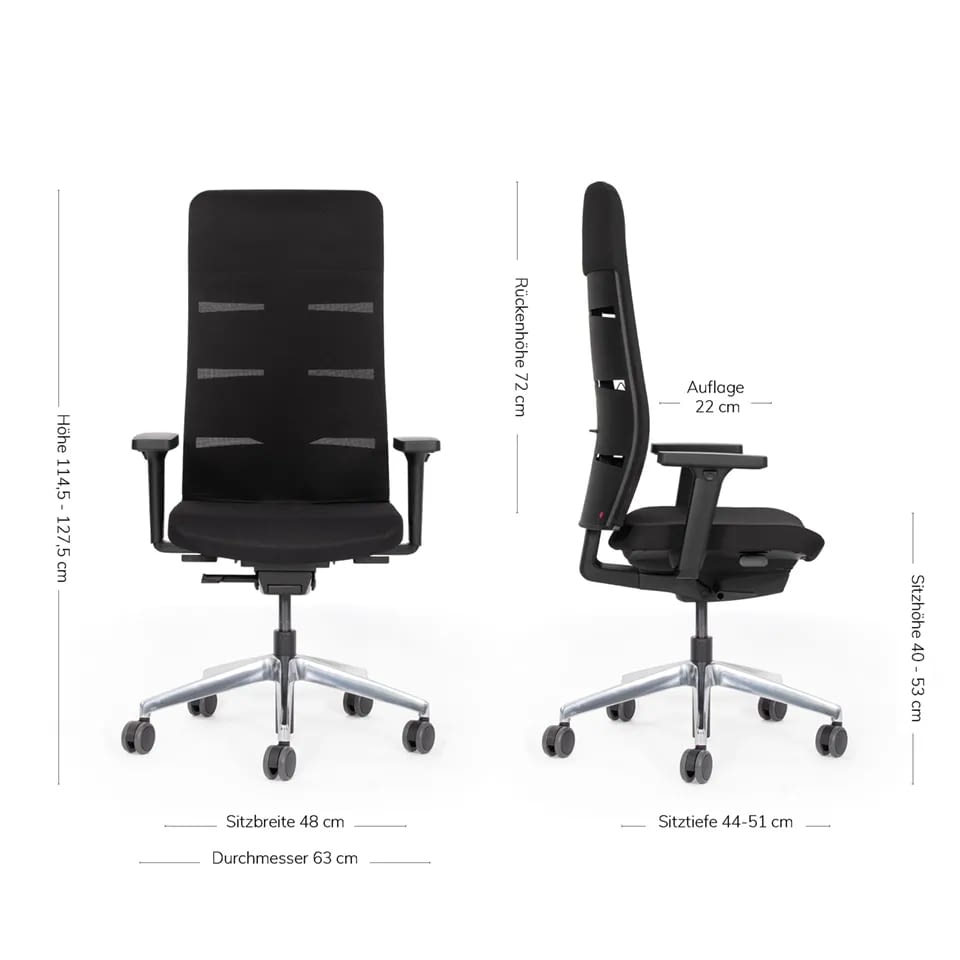 Die Maßangaben des ergonomischen Bürostuhls agilis matrix start-up Sonderedition mit Aluminium-Fußkreuz und hoher Rückenlehne sind in einer Front- und Seitenansicht dargestellt.