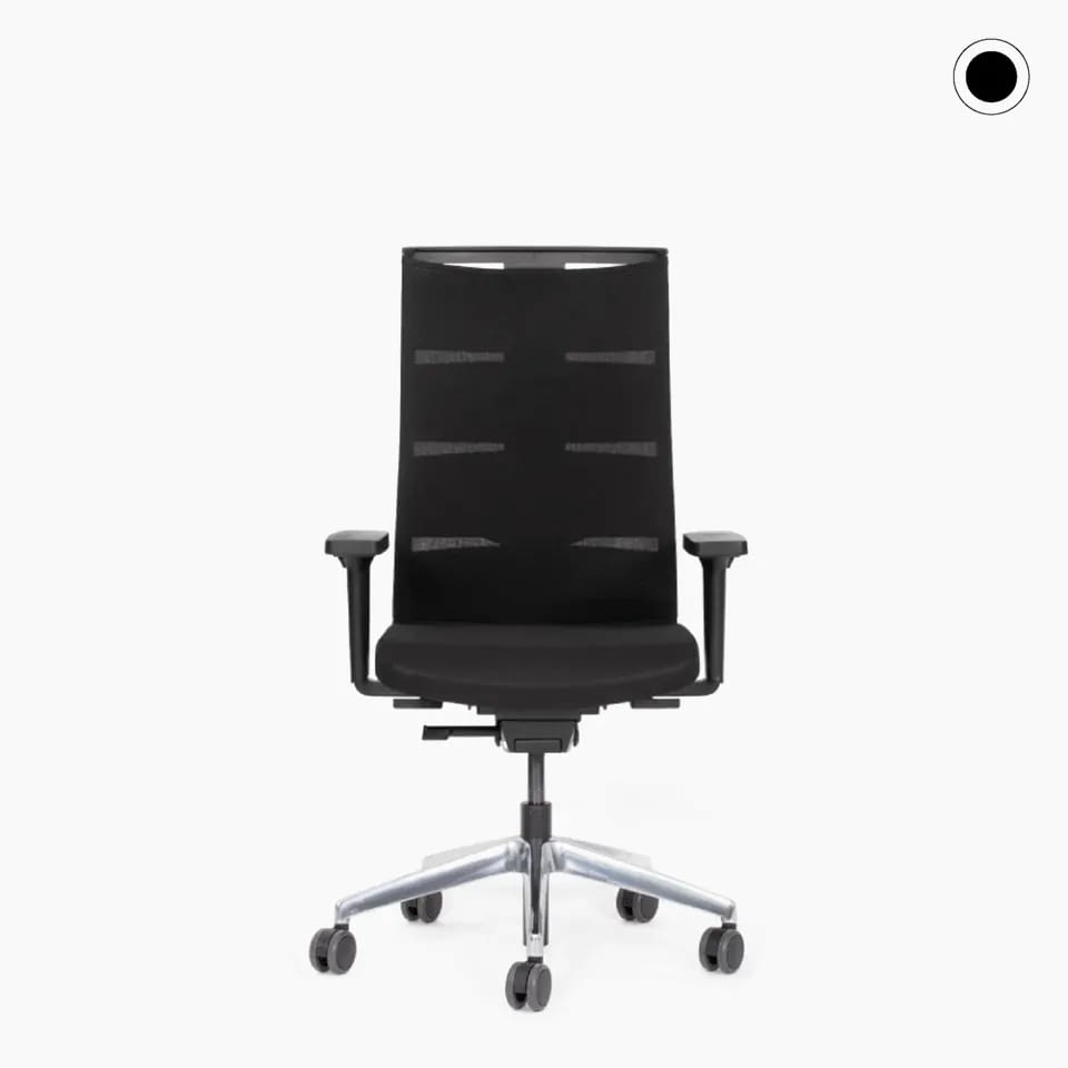 Frontal dargestellt zeigt sich der ergonomische Bürostuhl agilis matrix start-up in Schwarz mit Aluminium-Fußkreuz in klarer Ansicht.