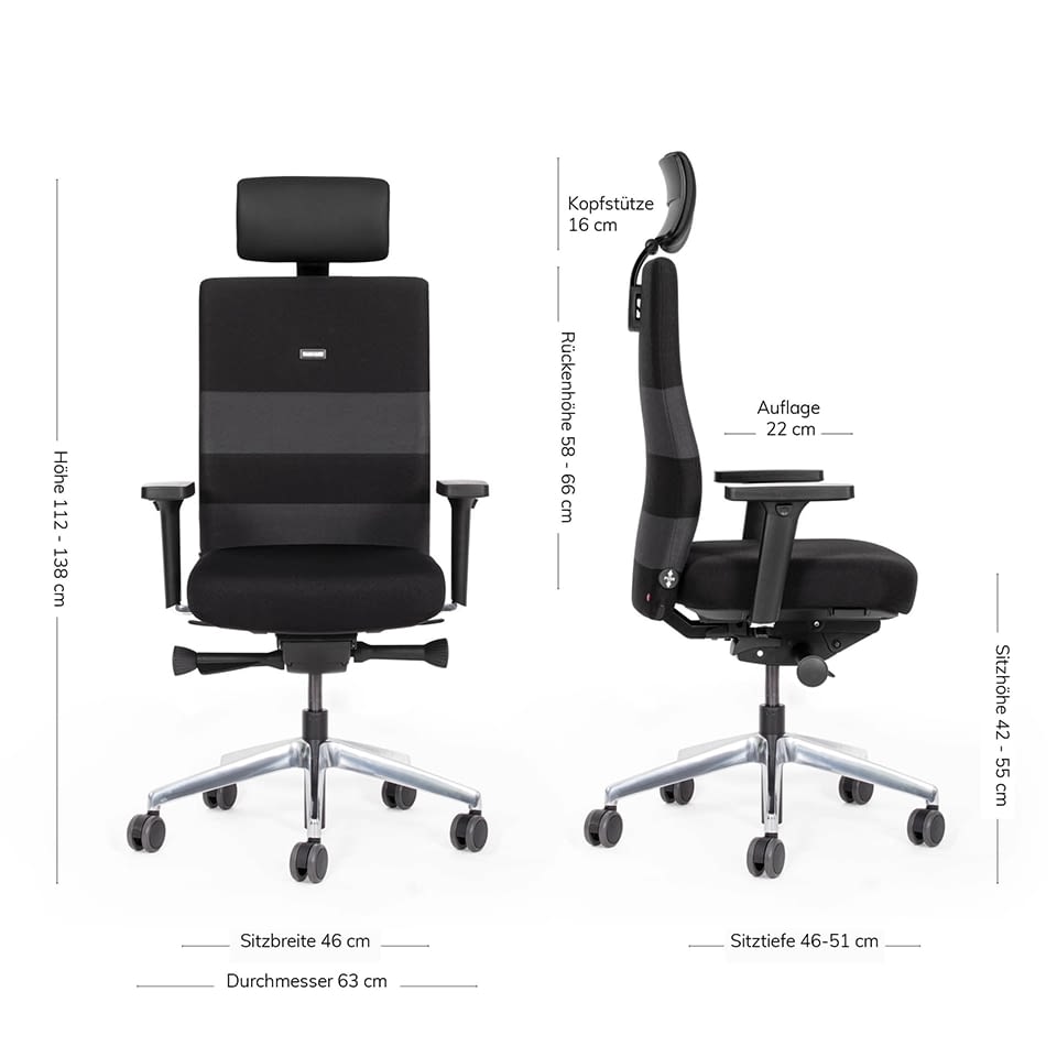 Die Produktmaße des ergonomischen Bürostuhls agilis comfort mit Kopfstütze in schwarz-grau sind anhand einer Front- und Seitenansicht dargestellt.