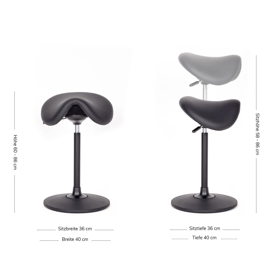 Darstellung zeigt die Maße des ergonomischen Stehstuhls sella Echtleder in schwarz mit Sattelsitz.
