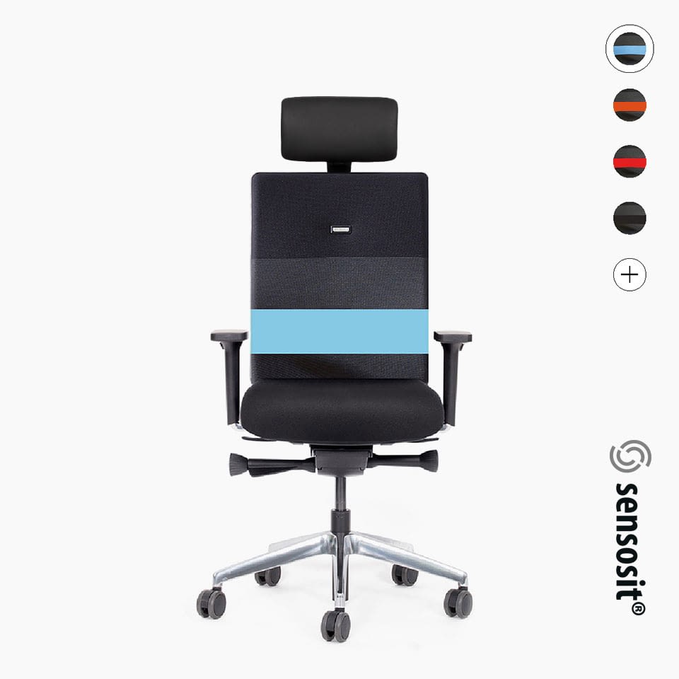 Ergonomischer Bürostuhl agilis in schwarz gestreift mit verstellbarer und neigbarer Kopfstütze von lento - Titelbild mit Farben
