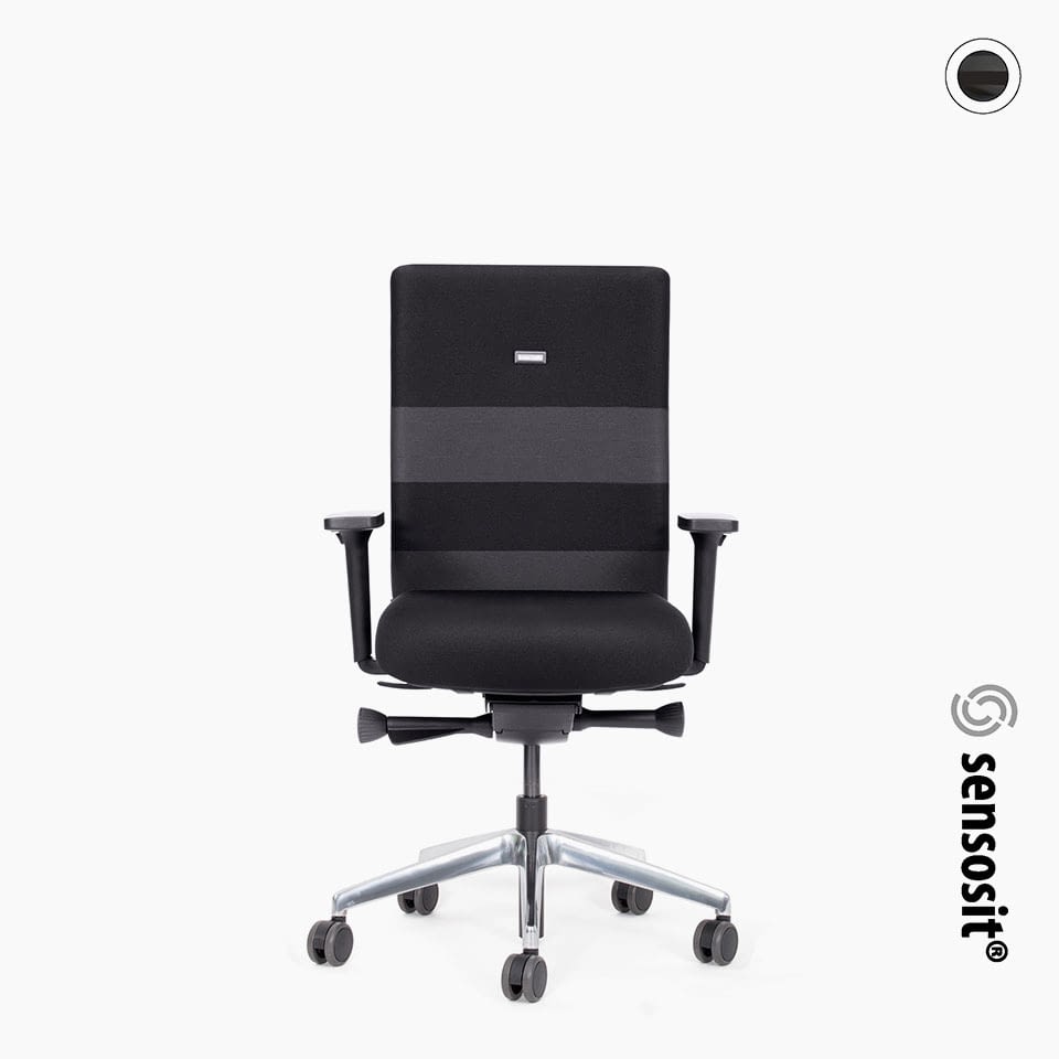 Frontal ist der ergonomische Bürostuhl agilis comfort mit grauem Kontraststreifen und gepolsterter Rückenlehne positioniert.