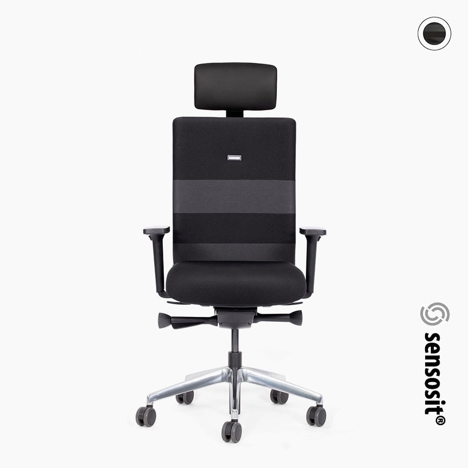 In der Frontansicht ist der ergonomische Bürostuhl agilis comfort mit grauem Kontraststreifen und Kopfstütze positioniert.