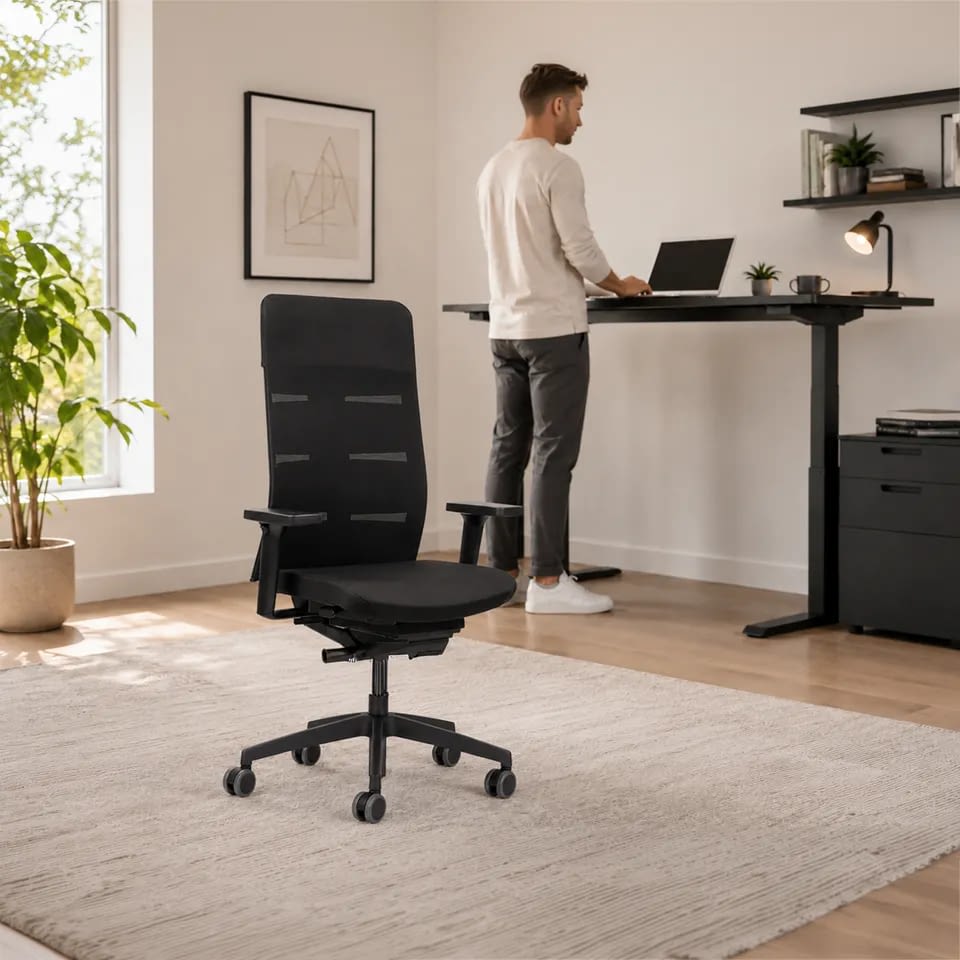Eine Person arbeitet im heimischen Arbeitsbereich im Stehen an einem schwarzen Steh-Sitzschreibtisch am Computer. Daneben steht der ergonomische Bürostuhl agilis matrix.