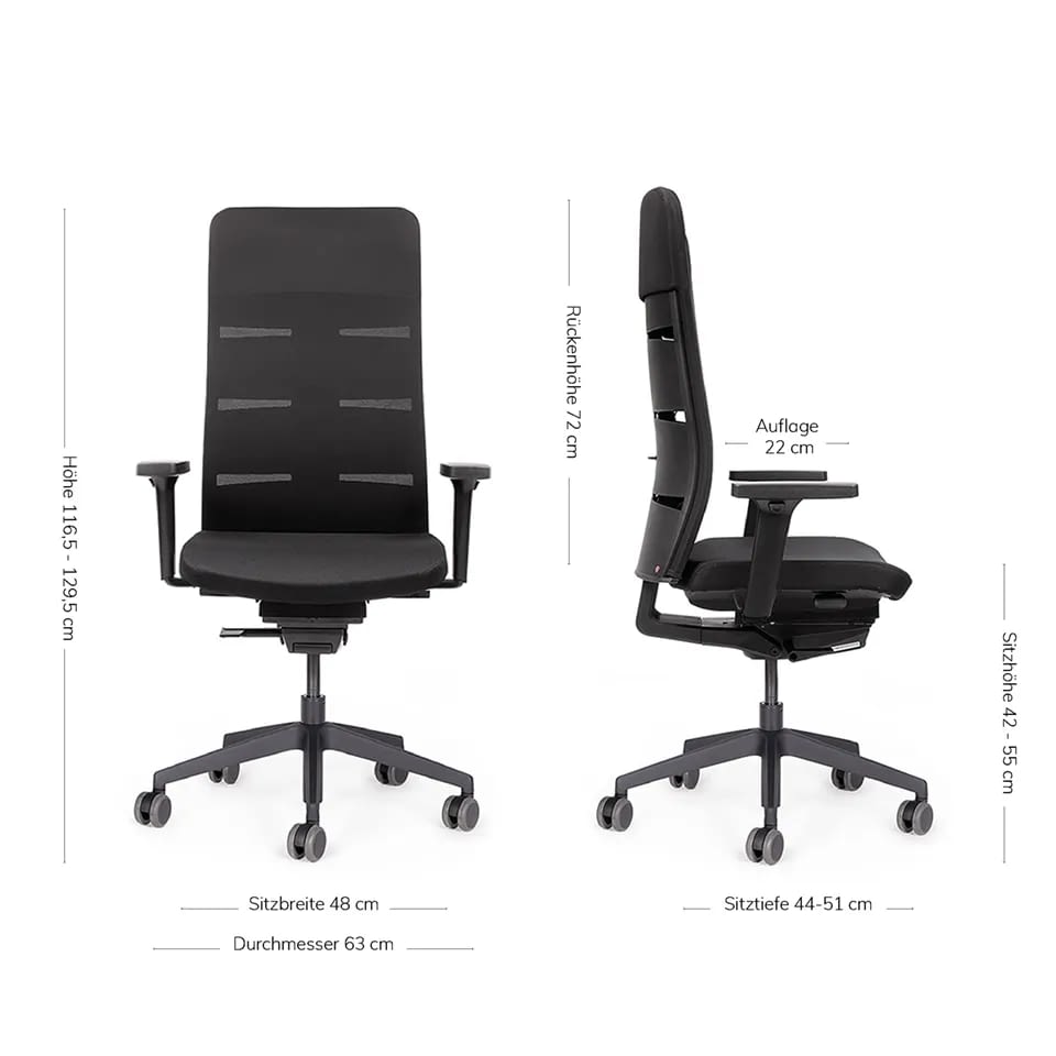 Die Gesamtansicht umfasst zwei ergonomische Bürostühle agilis matrix mit hoher Rückenlehne in Front- und Seitenansicht mit seitlich angeordneten Maßangaben zur Produktgröße.