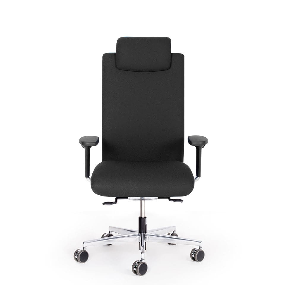 Abbildung: ergonomischer Bürostuhl mit Kopfstütze für besonders große und/oder schwere Menschen, komplett montiert, ausgepackt, vertragen, gebrauchsfertig aufgestellt inkl. Entsorgung der Verpackung