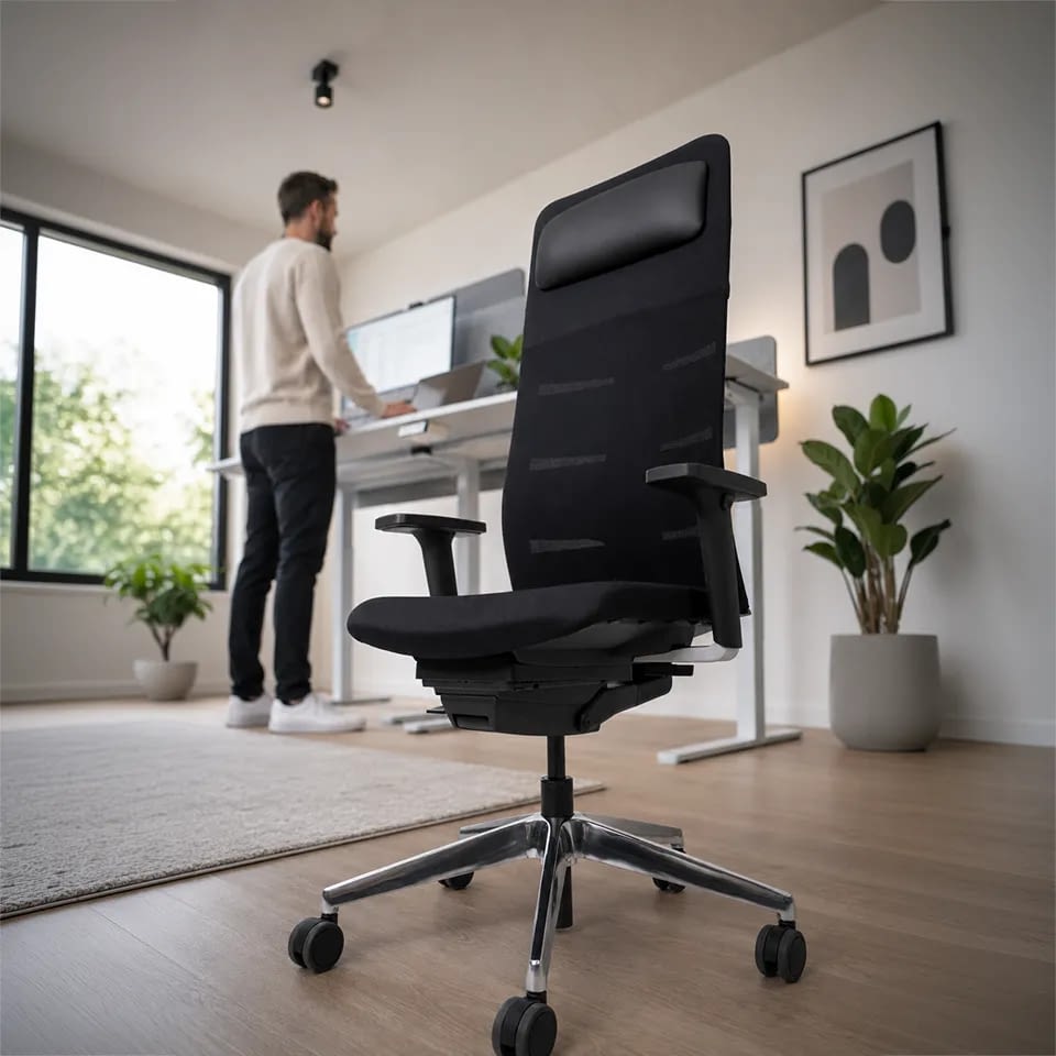 In wohnlichem Ambiente steht der schwarze Chefsessel agilis matrix mit integrierter Kopfstütze und Nackenkissen vor einem weißen Sitz-Steh-Schreibtisch, während im Hintergrund eine Person am Schreibtisch steht.