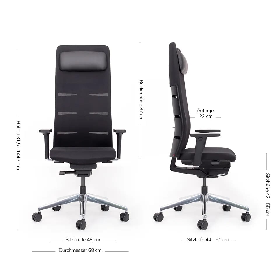 Als Gesamtübersicht sind zwei ergonomische Chefsessel agilis matrix in Schwarz mit integrierter Kopfstütze in Front- und Seitenansicht sowie seitlichen Maßangaben abgebildet.