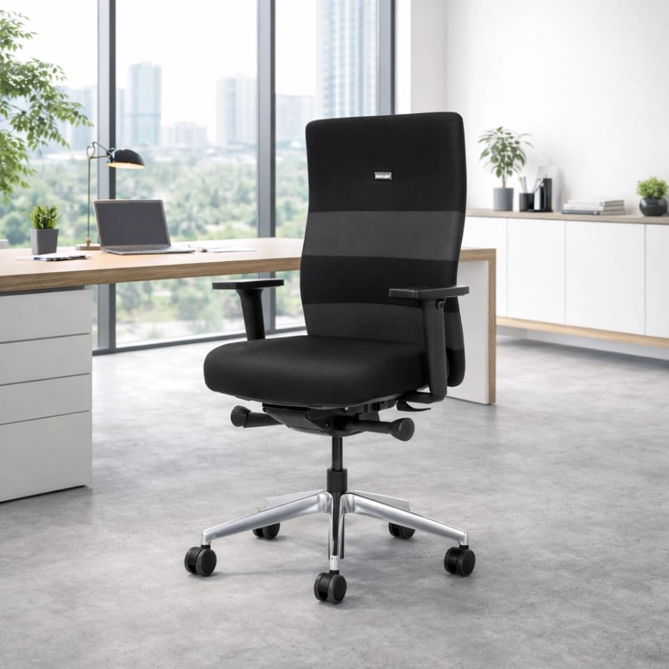 Bürostuhl testen agilis ergonomischer Bürostuhl schwarz mit grauem Streifen von der Seite im Büro lento