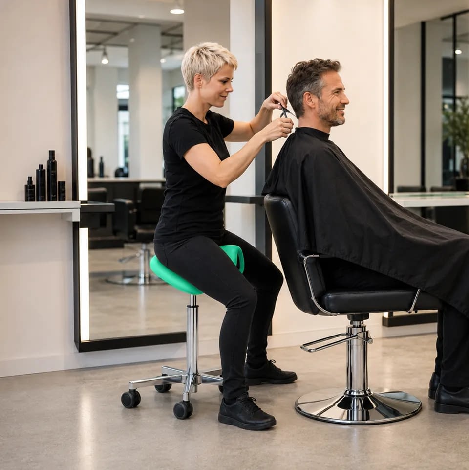 Der ergonomische sella Sattelhocker kommt im Friseursalon zum Einsatz, wo eine Friseurin damit komfortabel am Hinterkopf arbeiten kann und der Sattel eine aufrechte Sitzhaltung unterstützt.