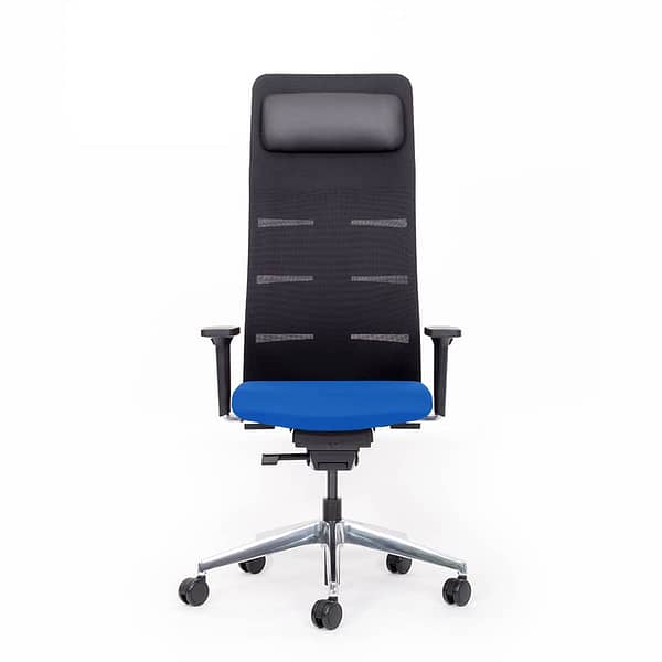 Bild von einem Chefsessel Agilis Matrix hoch mit Kopfstuetze und Nackenkissen und flexiblen Schulterbereich von Lento der Sitzbereich ist farbig wählbar