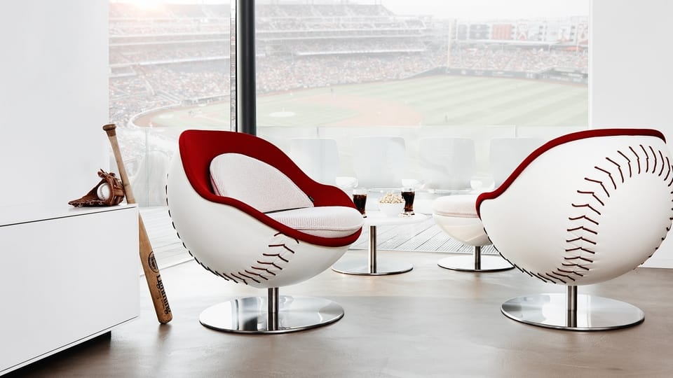 picture of a seat group lillus by lento baseball chair ball chair round chair ball seat bowl chair in homerun baseball design in red and white highend leather made in germany sports furniture