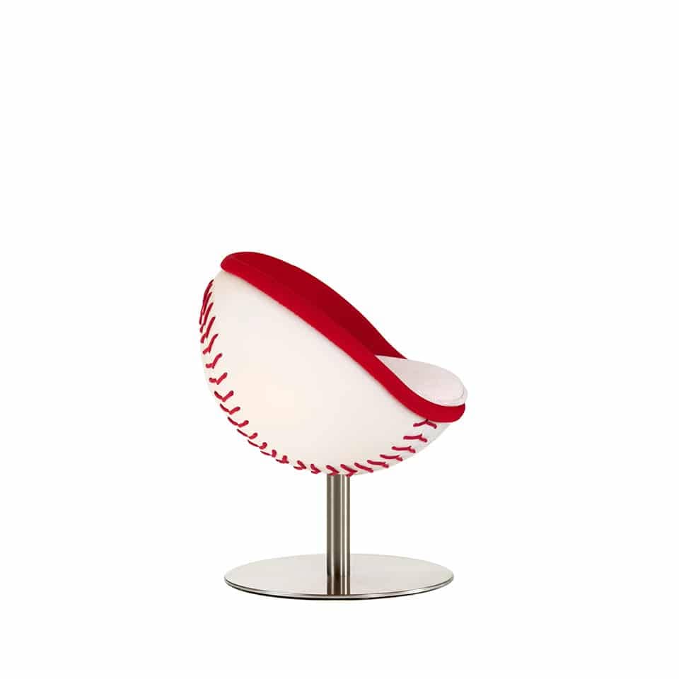image of a lillus lounge chair cocktail stool by lento in homerun baseball design in white and red coulour round chair ball seat baseball chair sports furniture for sports management