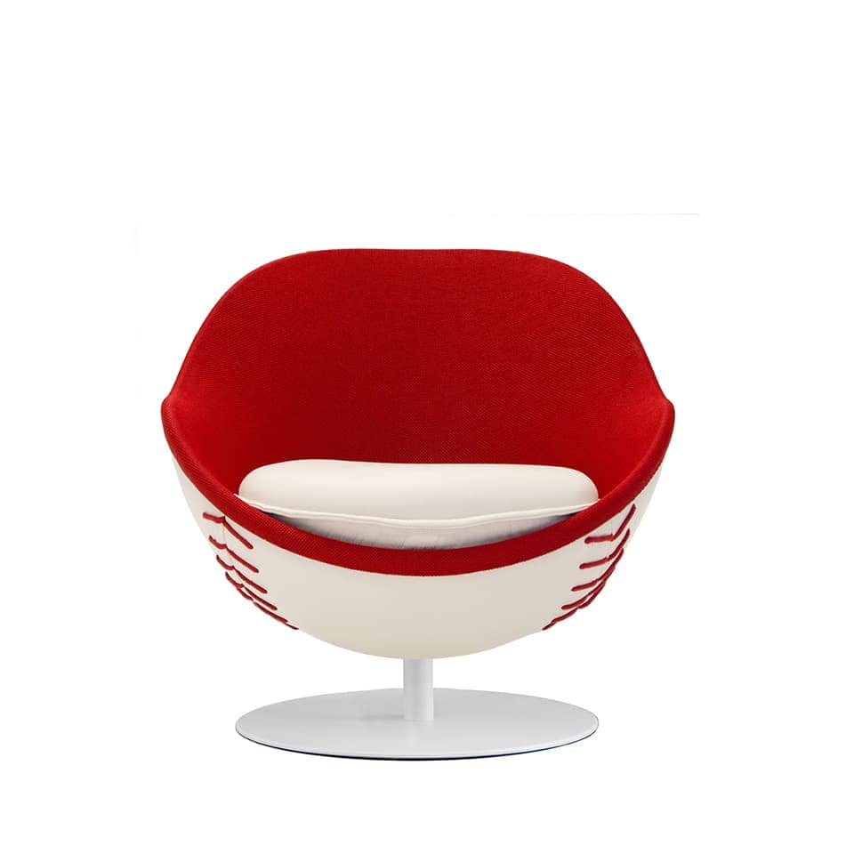image of a lento lounge chair baseball homerun design with seat cushion red and white couloured premium sports furniture for sports industry made in germany