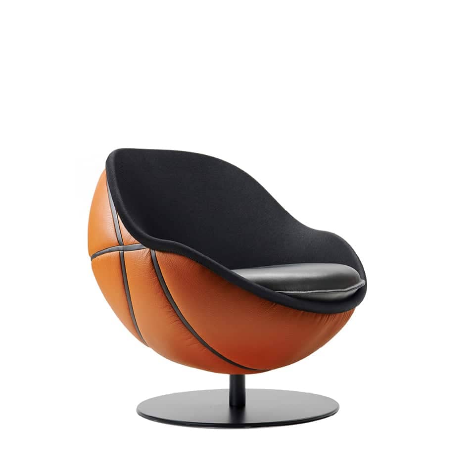 picture of a lillus lounge chair in basketball design unique ball chair round chair globe chair premium sports furniture made in germany in leather for shop fitting gastronomy sports service