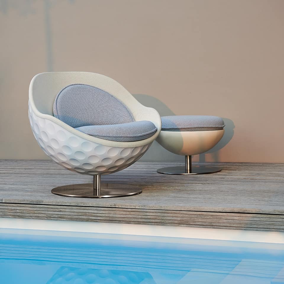 image of a lillus lounge chair and foot stool in eagle golf design white grey with seat cushions premium sports furniture ball seat round stool for hotel areas