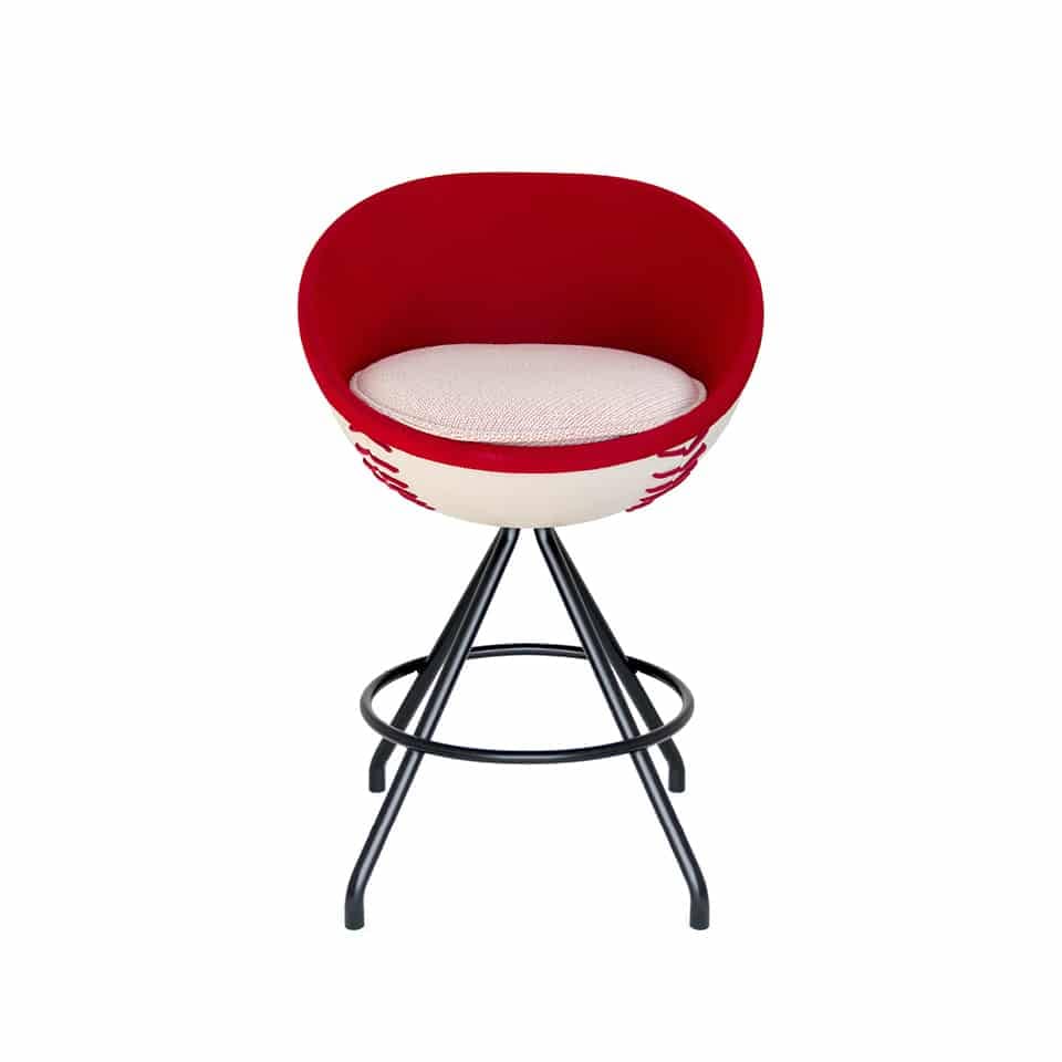 image of a counter stool lillus by lento in homerun baseball design baseball chair ball seat round chair bowl chair lounge chair in red and white design leather made in germany