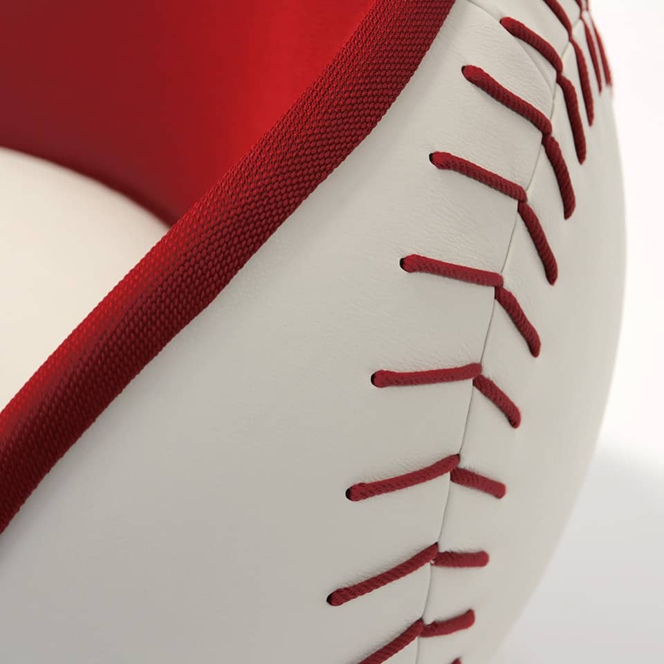 detail image of a lounge chair cocktail stool in homerun baseball design red couloured highend premium sports furniture for gastronomy or sports management