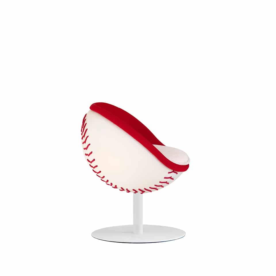 image of a lillus lounge chair cocktail stool by lento in baseball homerun design in white and red unique premium sports furniture for sports manangement made in germany