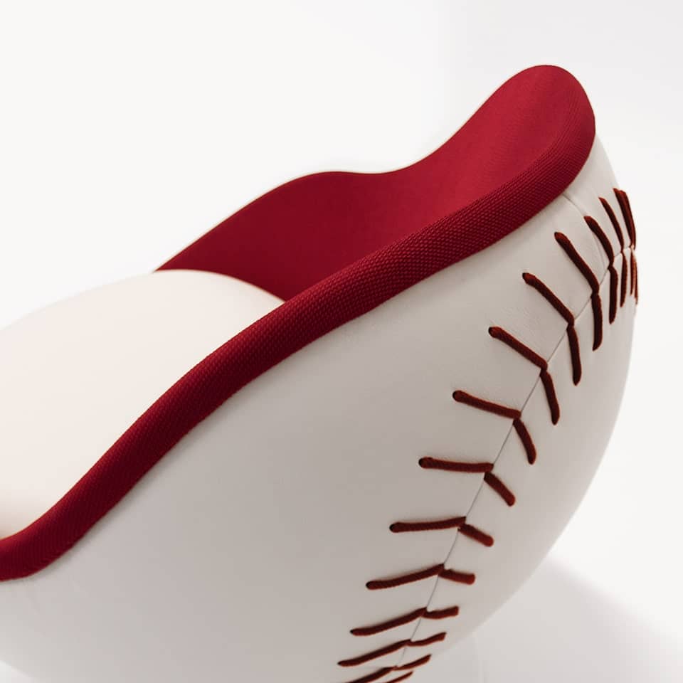 detail picture of a lillus homerun baseball chair by lento ball seat lounge chair globe chair bowl chair in baseball design white leather made in germany